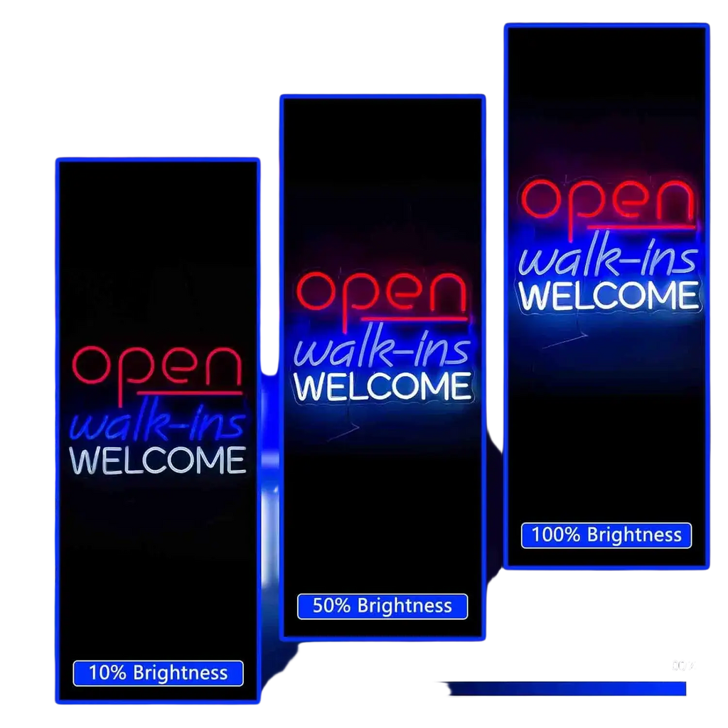 Neon light open walk ins welcome sign in red and blue tubing with adjustable brightness for game room use