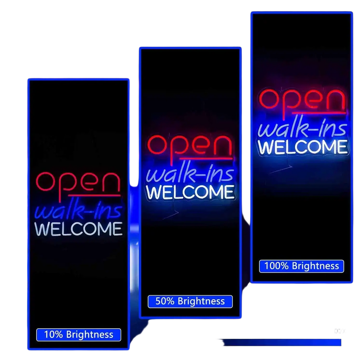 Neon light open walk ins welcome sign in red and blue tubing with adjustable brightness for game room use
