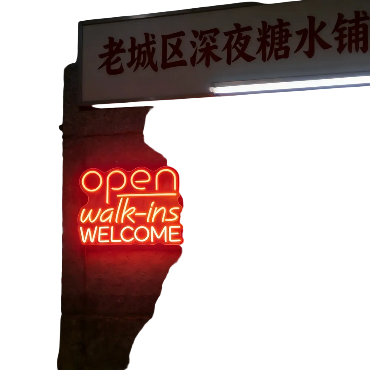 A glowing red neon light open walk ins welcome sign in a modern font ideal for game room decor