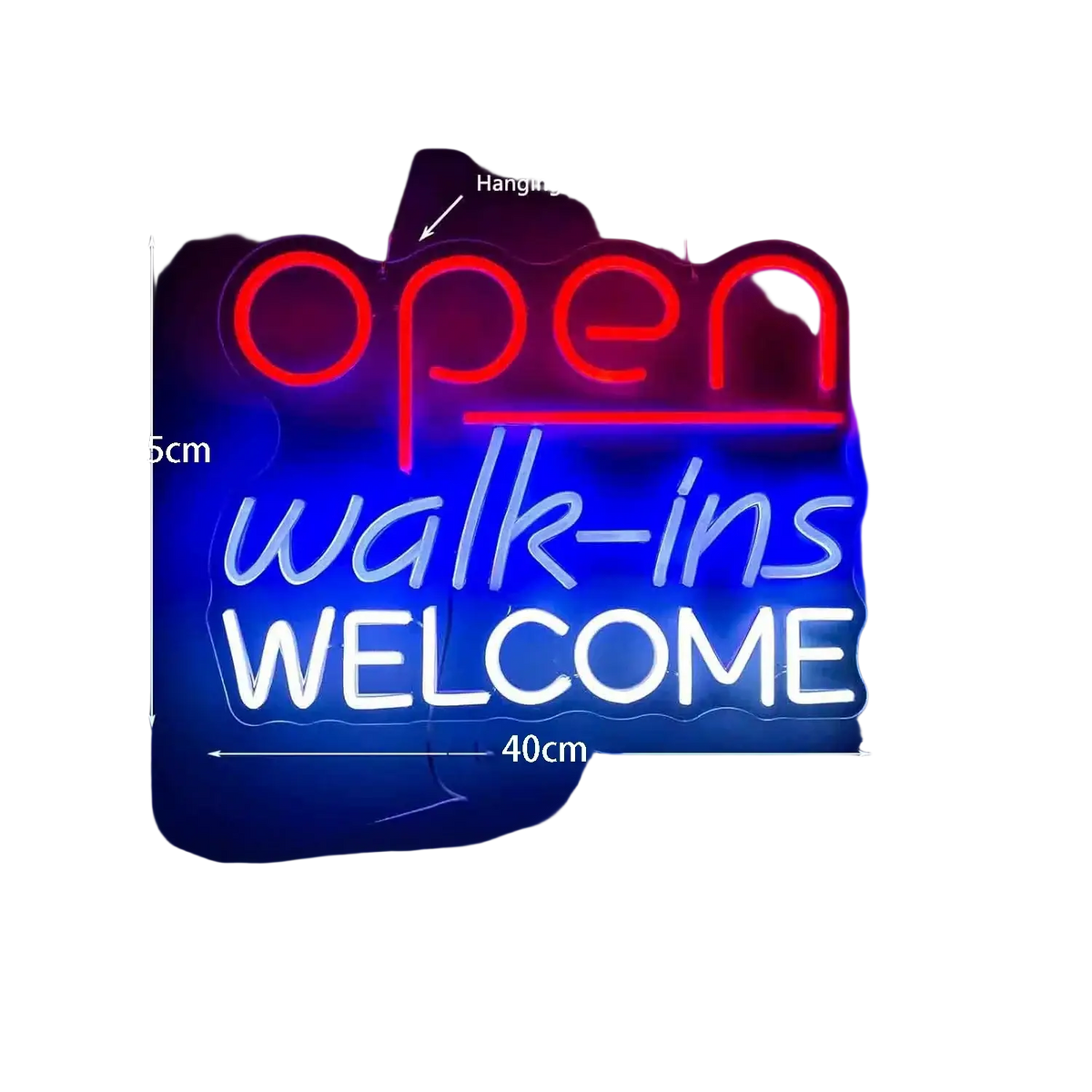 A neon light business sign with open in red, walk ins in blue cursive, and welcome in white for game room use