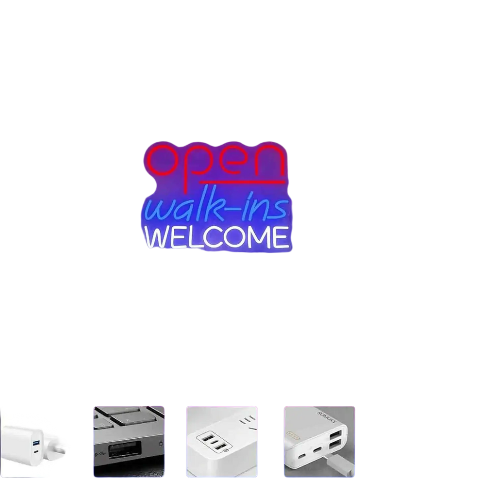 White multi-port usb power bank with multiple charging methods shown alongside neon light open walk ins welcome sign for game room