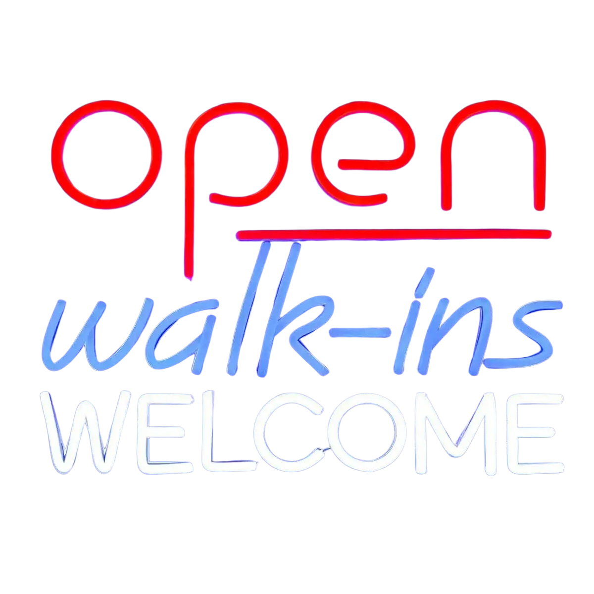 A neon light sign with glowing red, blue, and white neon lights reading open walk ins welcome for game room use
