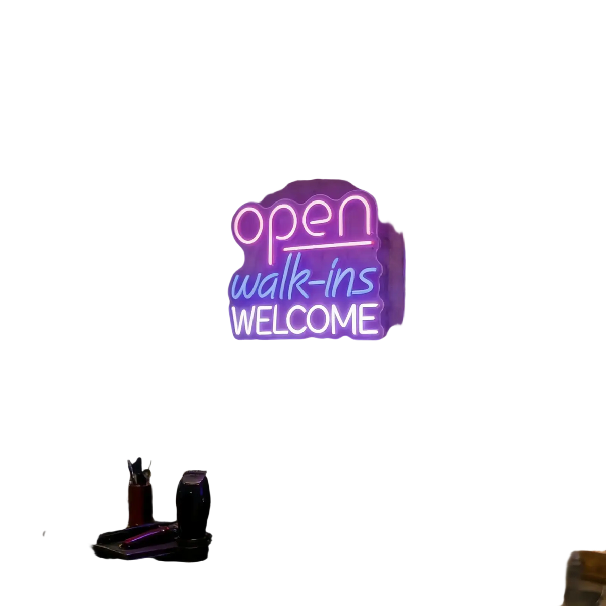 A neon light open walk ins welcome business sign glowing in pink blue and white neon lights for game room use