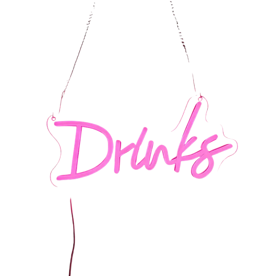 A glowing pink neon sign with cursive drinks text hanging by chains on a dark grid wall for led decor