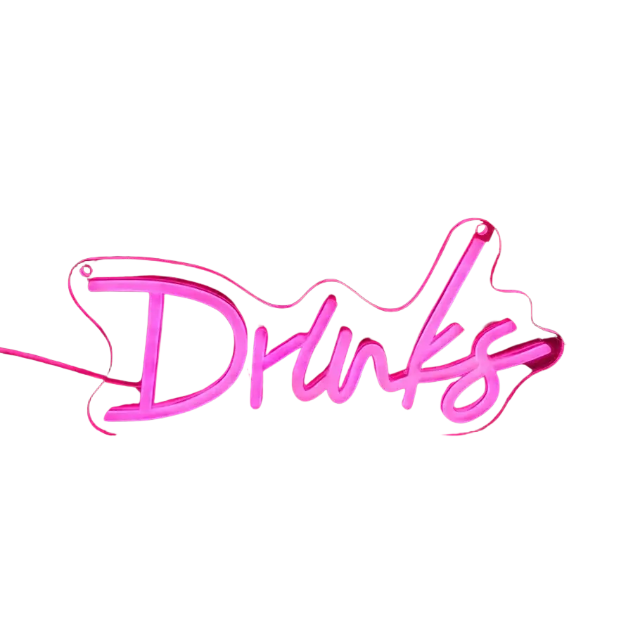 A glowing pink neon sign with the word drinks in cursive script for led wall decor