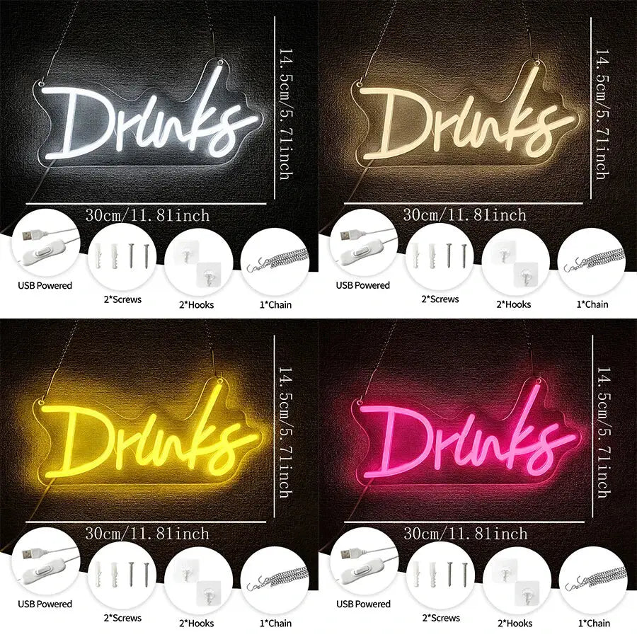 Neon sign drinks cursive led wall decor featuring a glowing white yellow and pink light in neon design