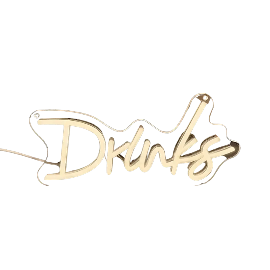 A glowing white neon sign with the word drinks in cursive script displayed inside a black wire basket