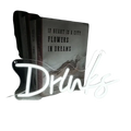 A glowing white neon sign spelling drinks in cursive script designed as led wall decor for home or bar use