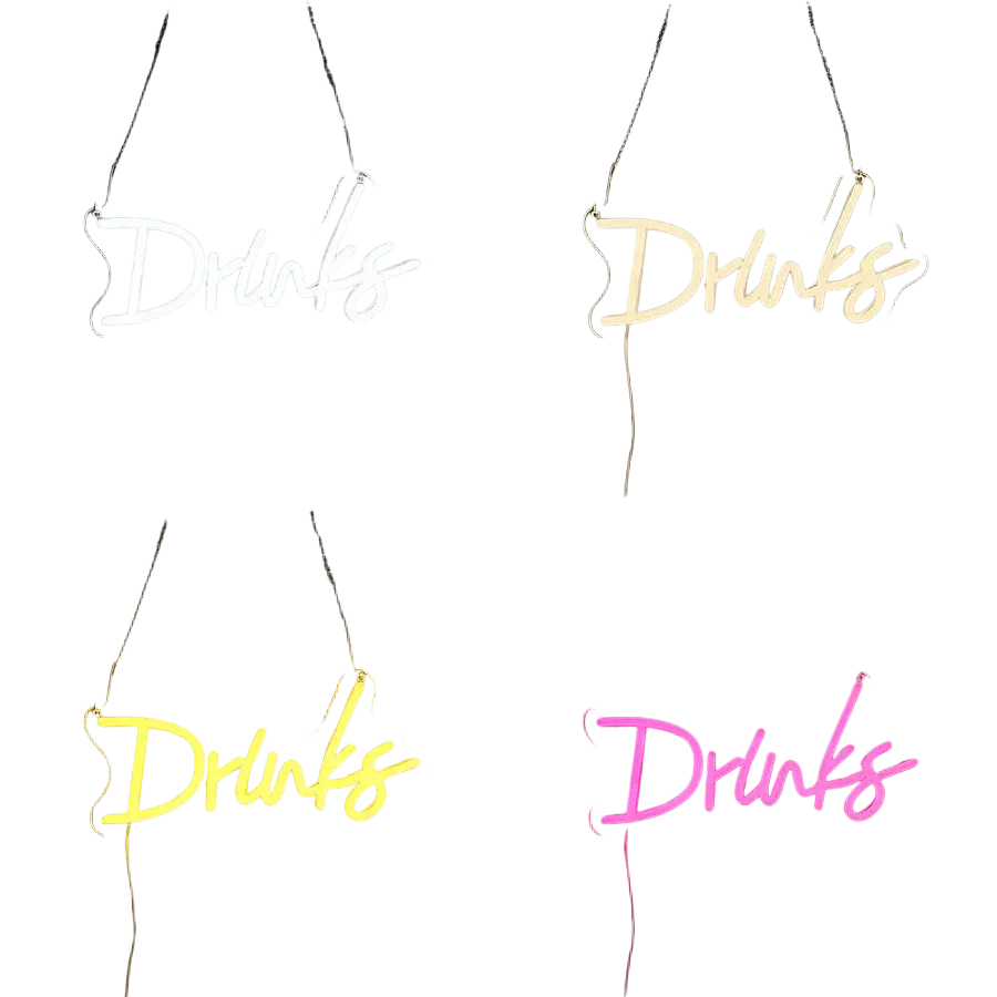 Neon sign drinks cursive led wall decor in white warm yellow and pink hues for stylish indoor lighting