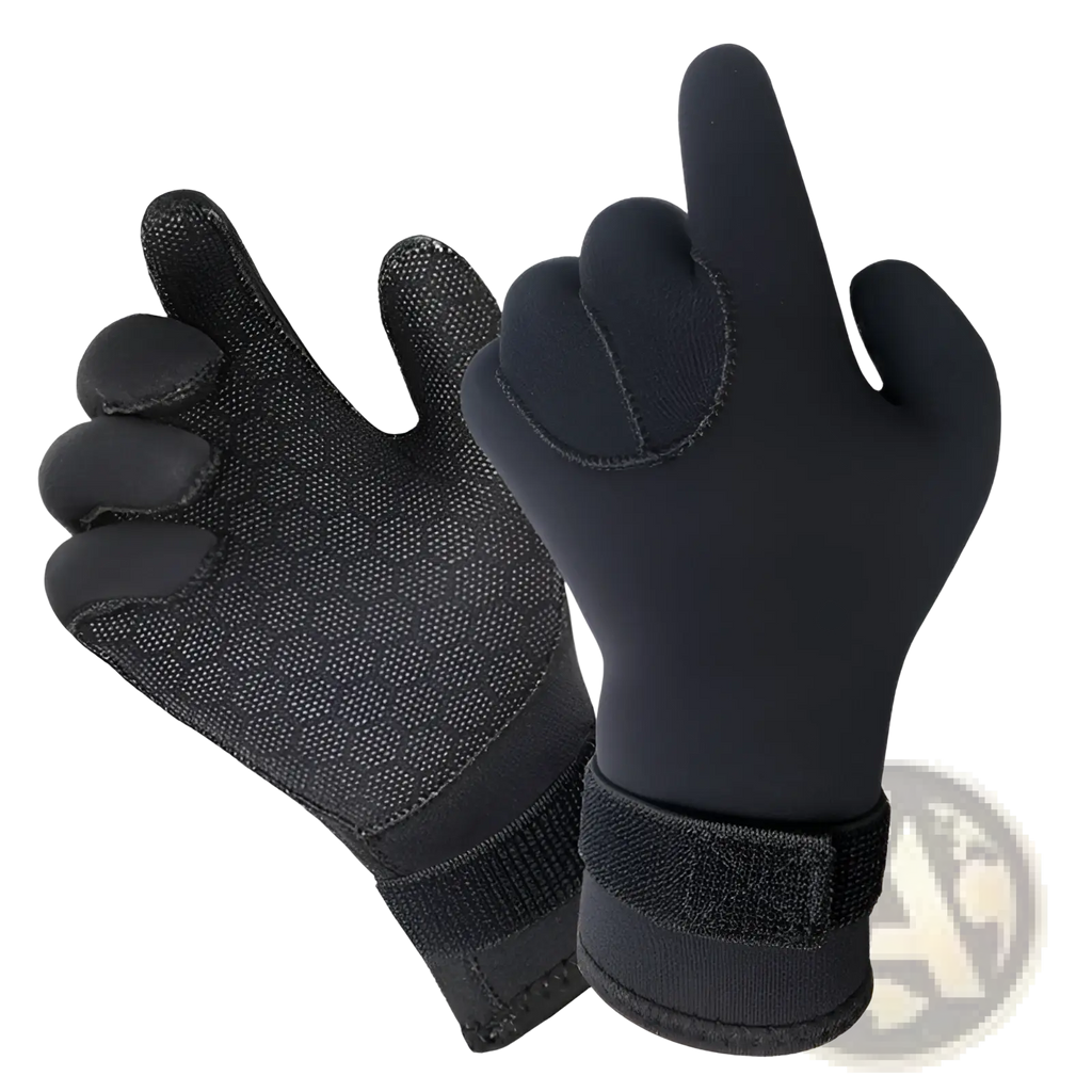 Black neoprene diving gloves 3mm with textured palm grip and adjustable wrist strap for underwater swimming use