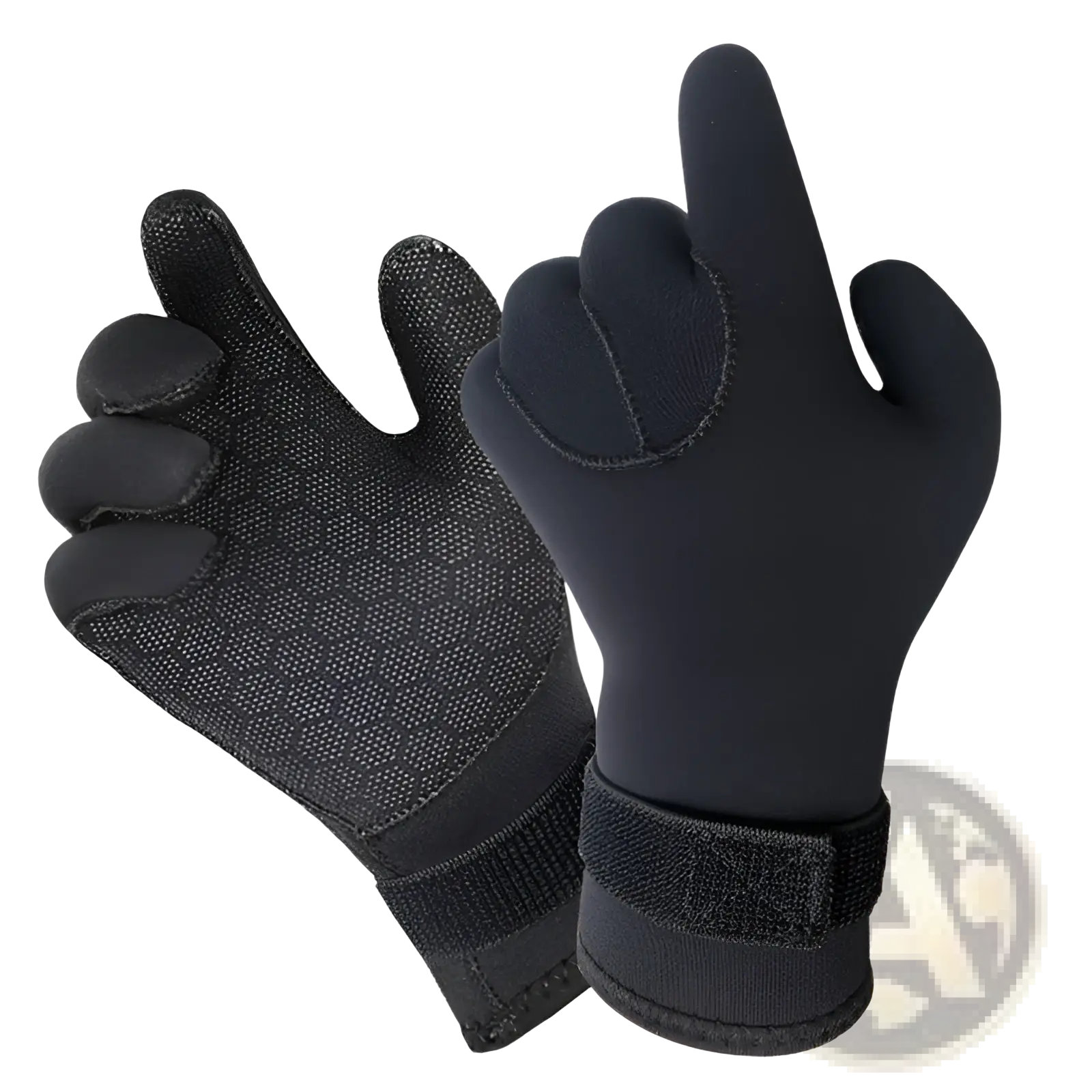 Black neoprene diving gloves 3mm with textured palm grip and adjustable wrist strap for underwater swimming use