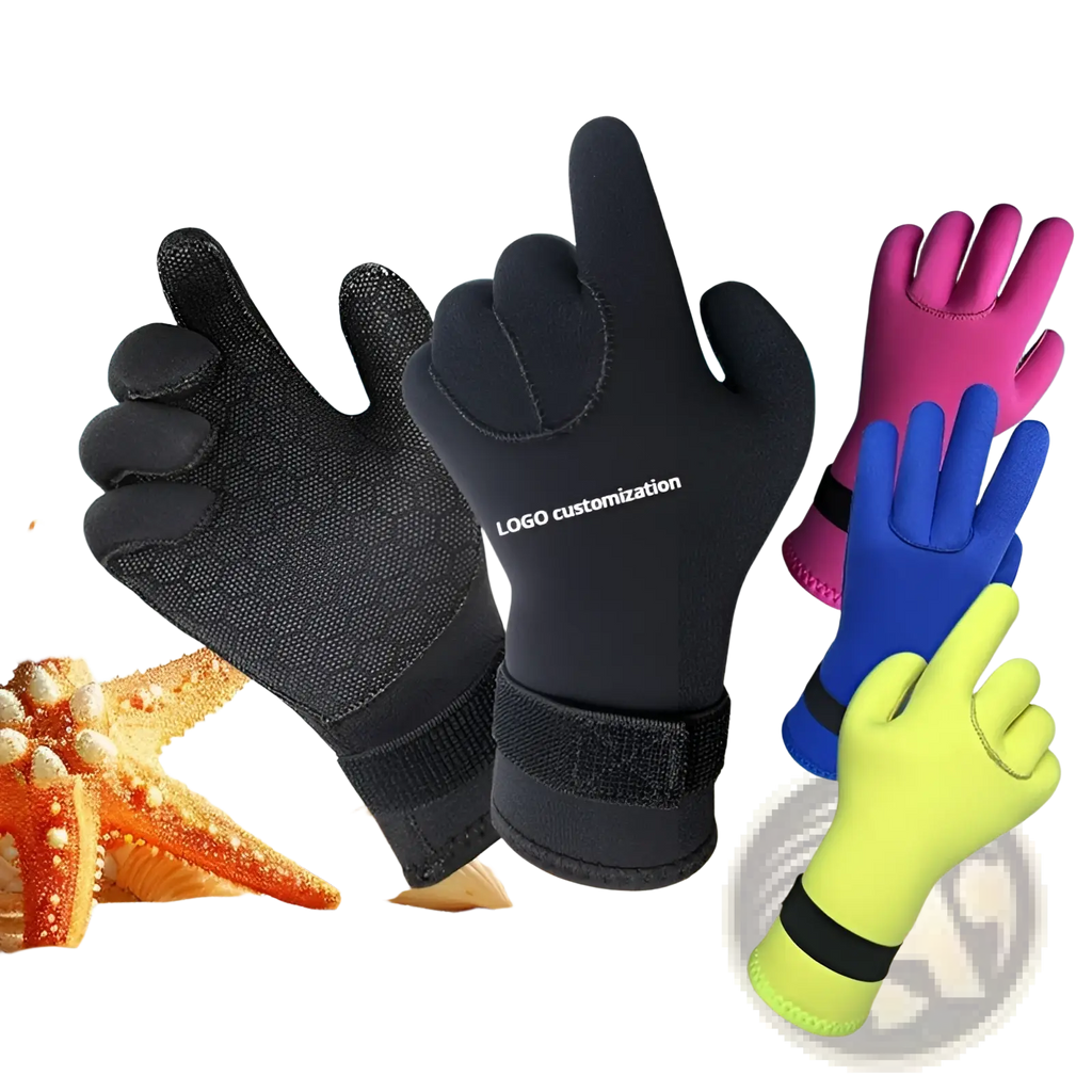 Black neoprene diving gloves 3mm with textured grip and adjustable wrist strap shown from the back in vibrant colors