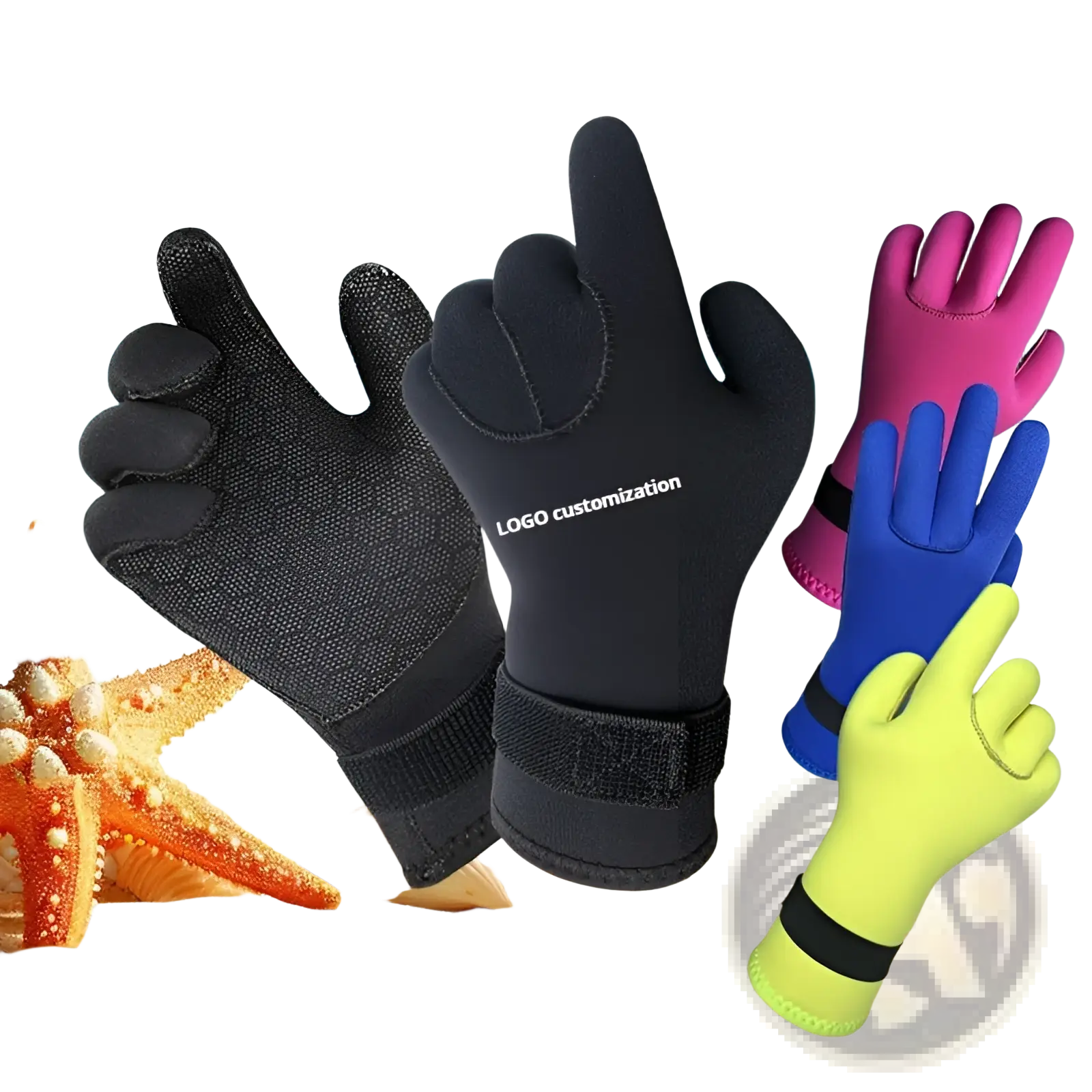 Black neoprene diving gloves 3mm with textured grip and adjustable wrist strap shown from the back in vibrant colors