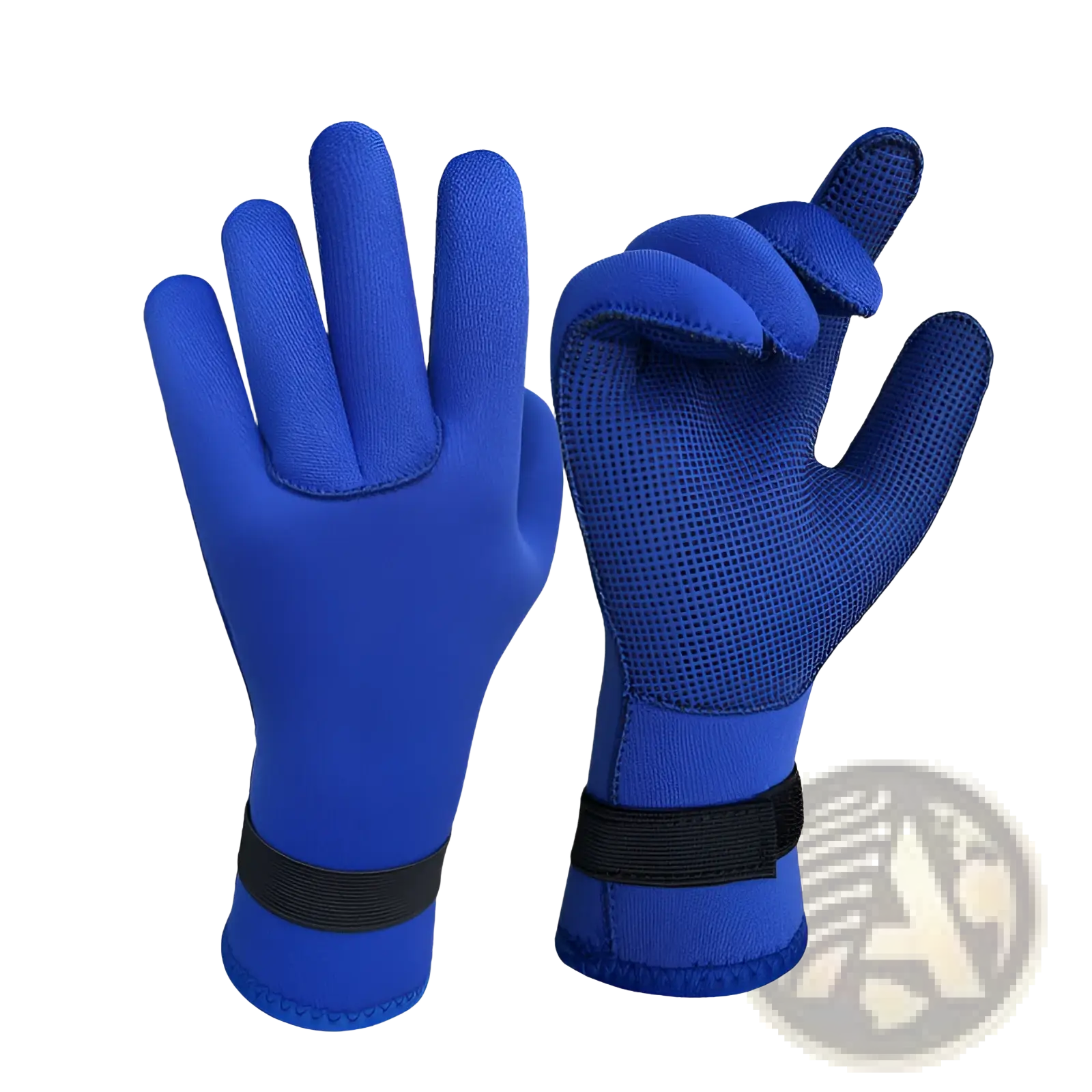 Blue neoprene diving gloves 3mm with textured grip on palm and black elastic wrist straps for swimming mitten use