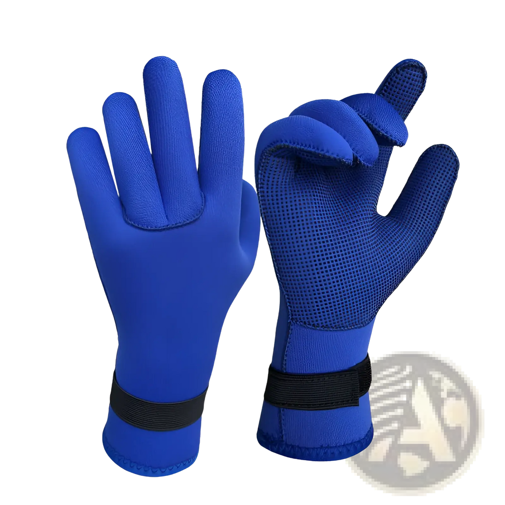 Blue neoprene diving gloves 3mm with textured palm grip and black elastic wrist straps for swimming and diving