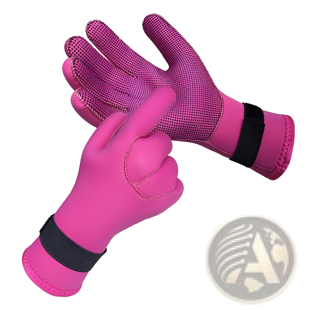 Bright pink neoprene diving gloves 3mm with black elastic wrist straps and textured perforated palms for grip