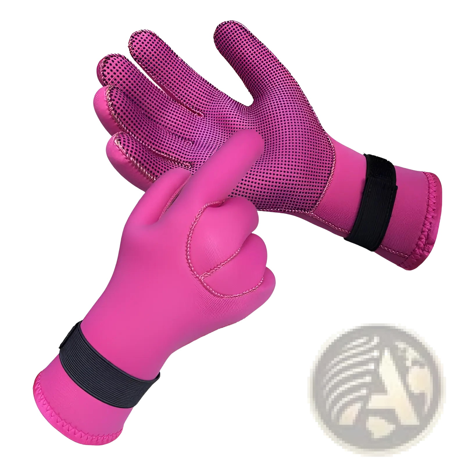 Bright pink neoprene diving gloves 3mm with black elastic wrist straps and textured perforated palms for grip