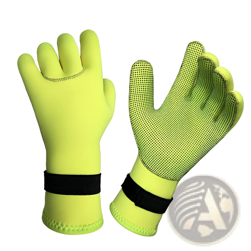Neoprene diving gloves 3mm swimming mittens in bright neon yellow with black elastic wrist straps and textured grip fingers