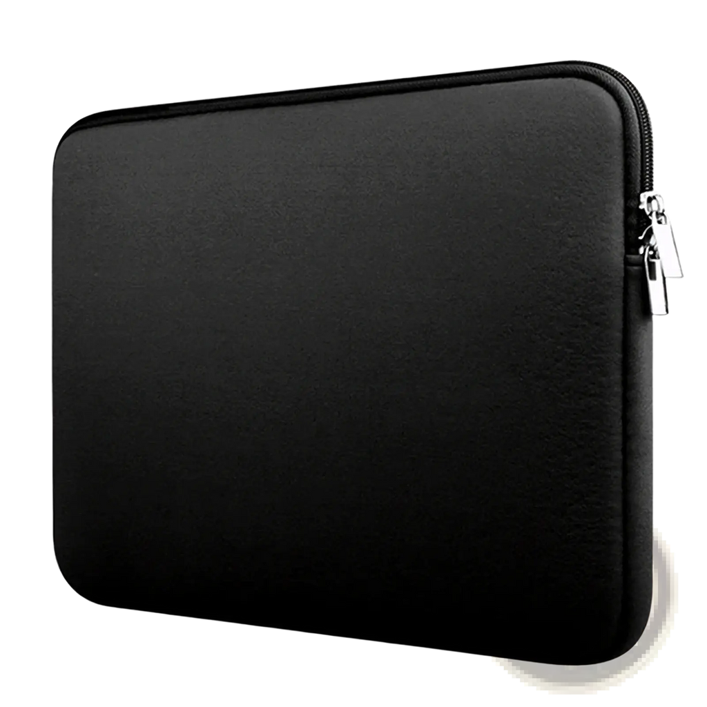Black neoprene laptop sleeve with silver zipper pull offering 360 degree protection for laptops