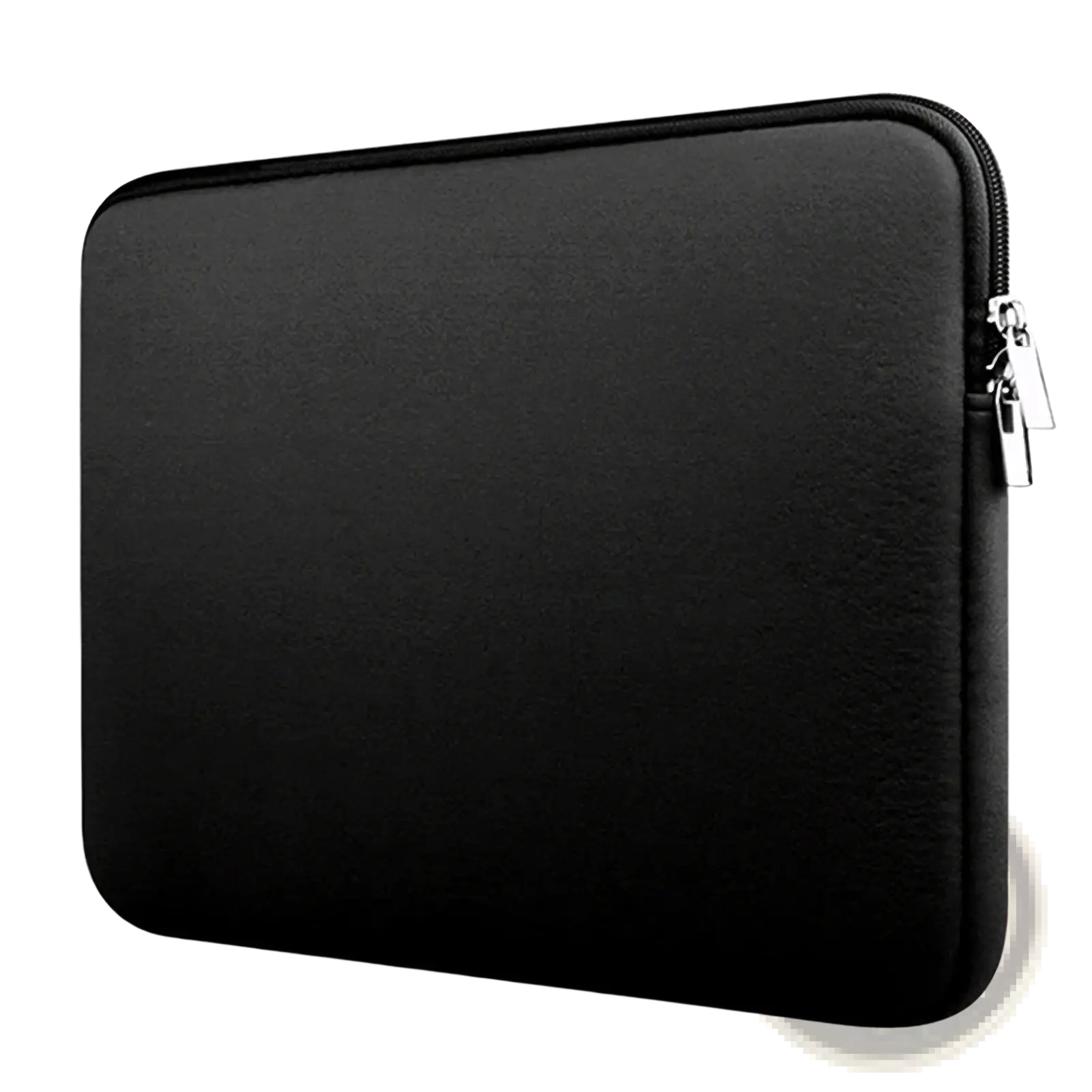 Black neoprene laptop sleeve with silver zipper pull offering 360 degree protection for laptops