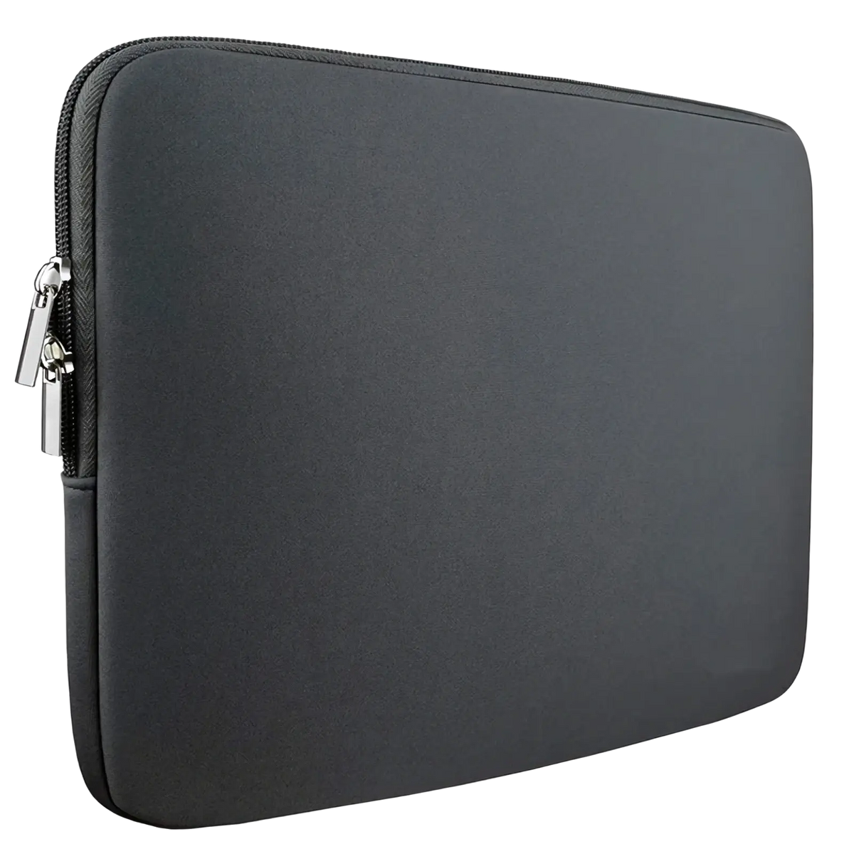 Black neoprene laptop sleeve with silver zipper and pull tab providing 360 degree protection case