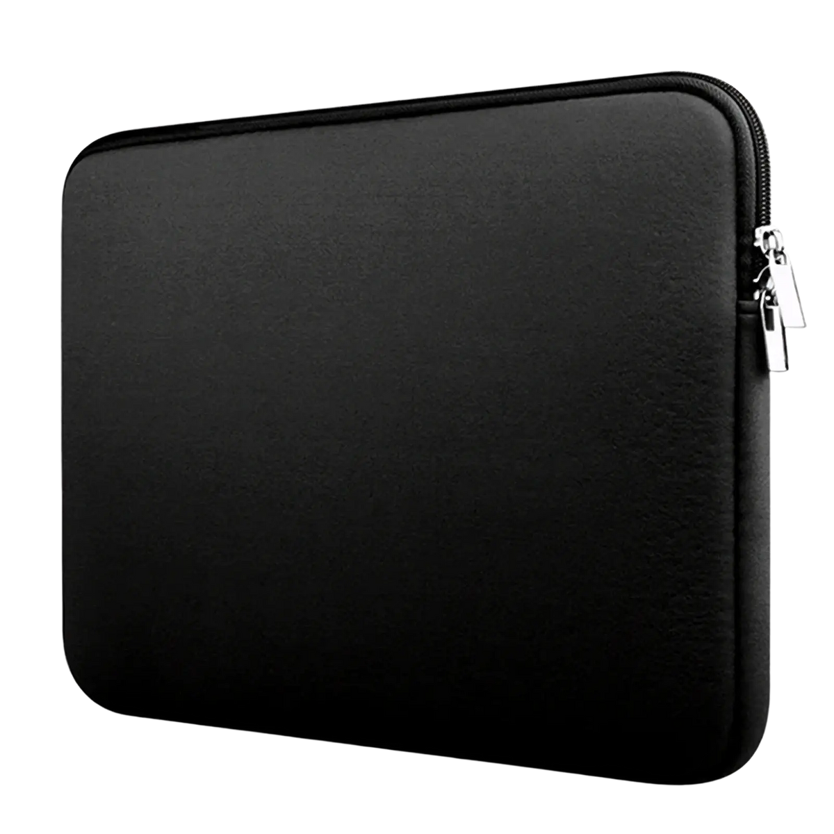 Black neoprene laptop sleeve with silver zipper pull offering 360 degree protection for laptops