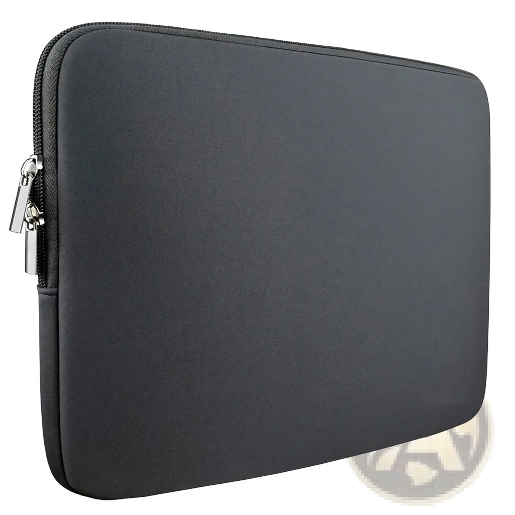 Black neoprene laptop sleeve with silver zipper and pull tab providing 360 degree protection case