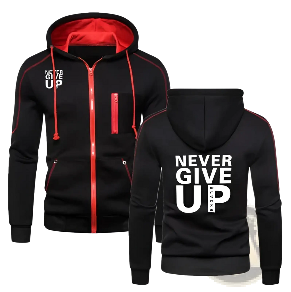 Black zip-up never give up contrast hoodie for men with red lining zipper drawstrings and bold white text front and back