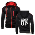Black zip-up never give up contrast hoodie for men with red lining zipper drawstrings and bold white text front and back