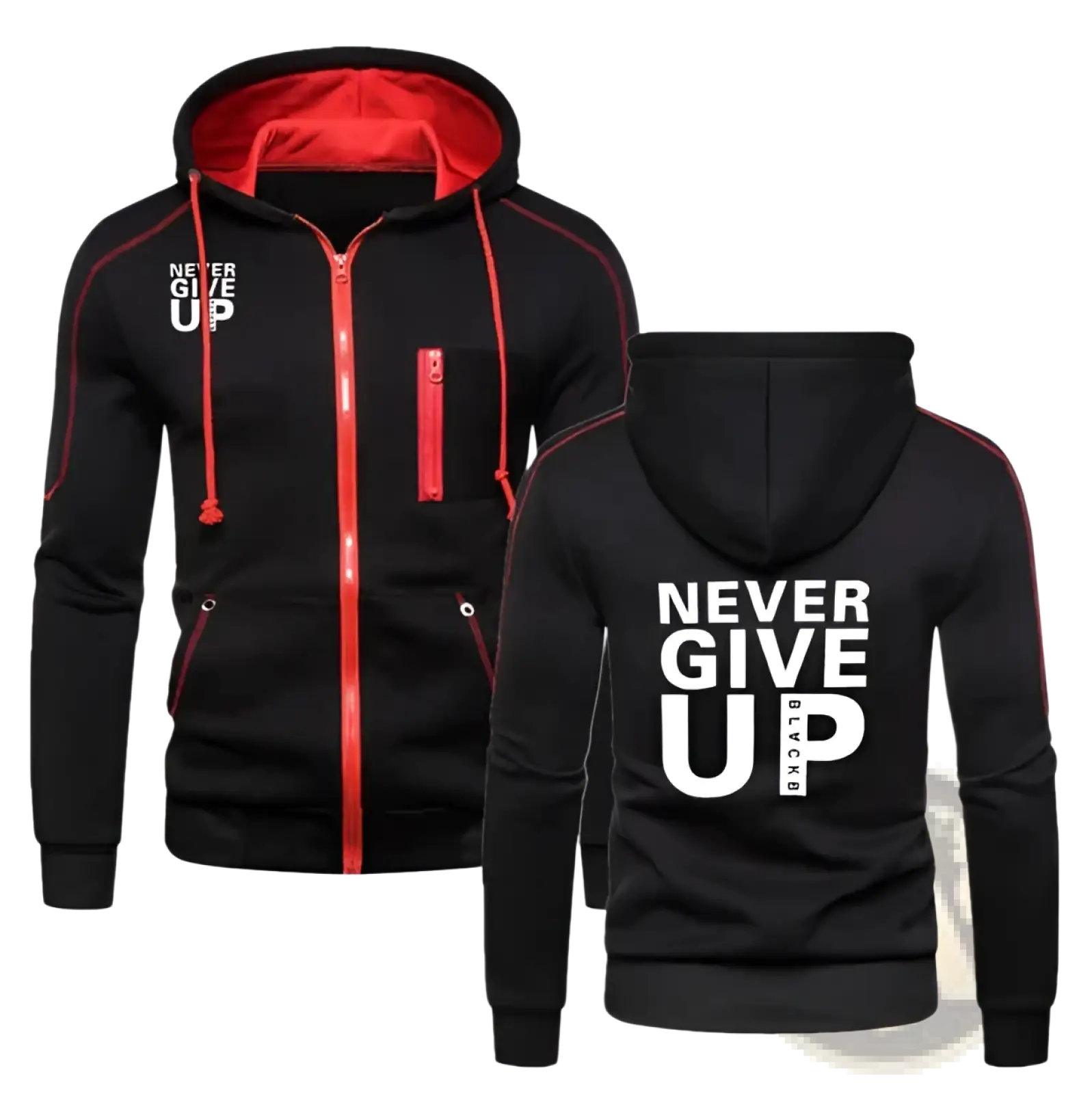 Black zip-up never give up contrast hoodie for men with red lining zipper drawstrings and bold white text front and back