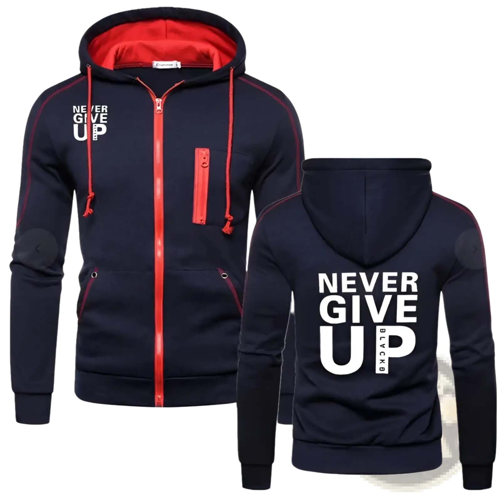 Back of dark navy never give up contrast zip hoodie for men with red lining zipper drawstrings and bold white text