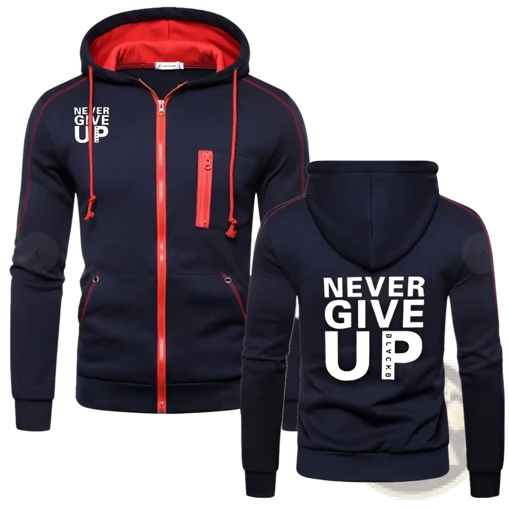 Back view of dark navy never give up contrast zip hoodie for men with red lining zipper white text and red accents
