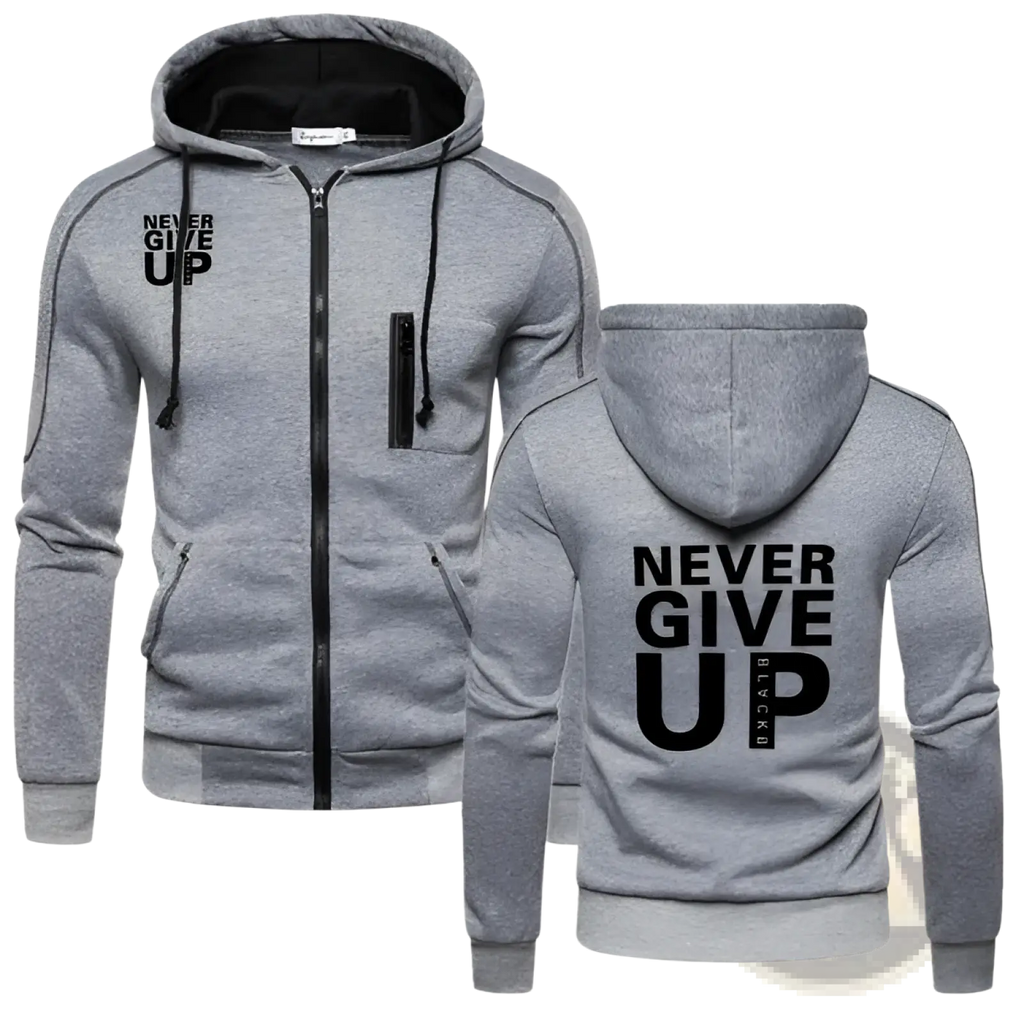 Gray never give up contrast zip hoodie for men with black text on front and back, black-lined hood and side pockets