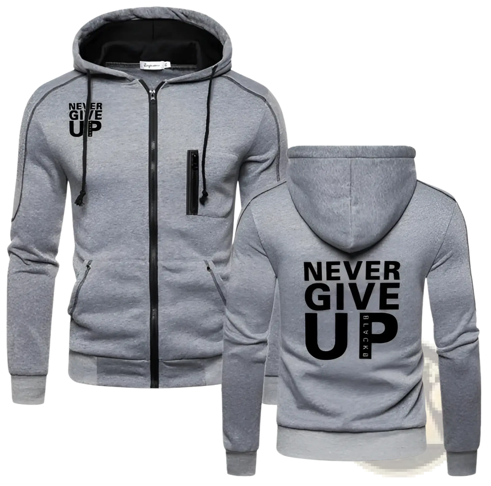 Gray never give up contrast zip hoodie for men with black text on front and back, black-lined hood and side pockets