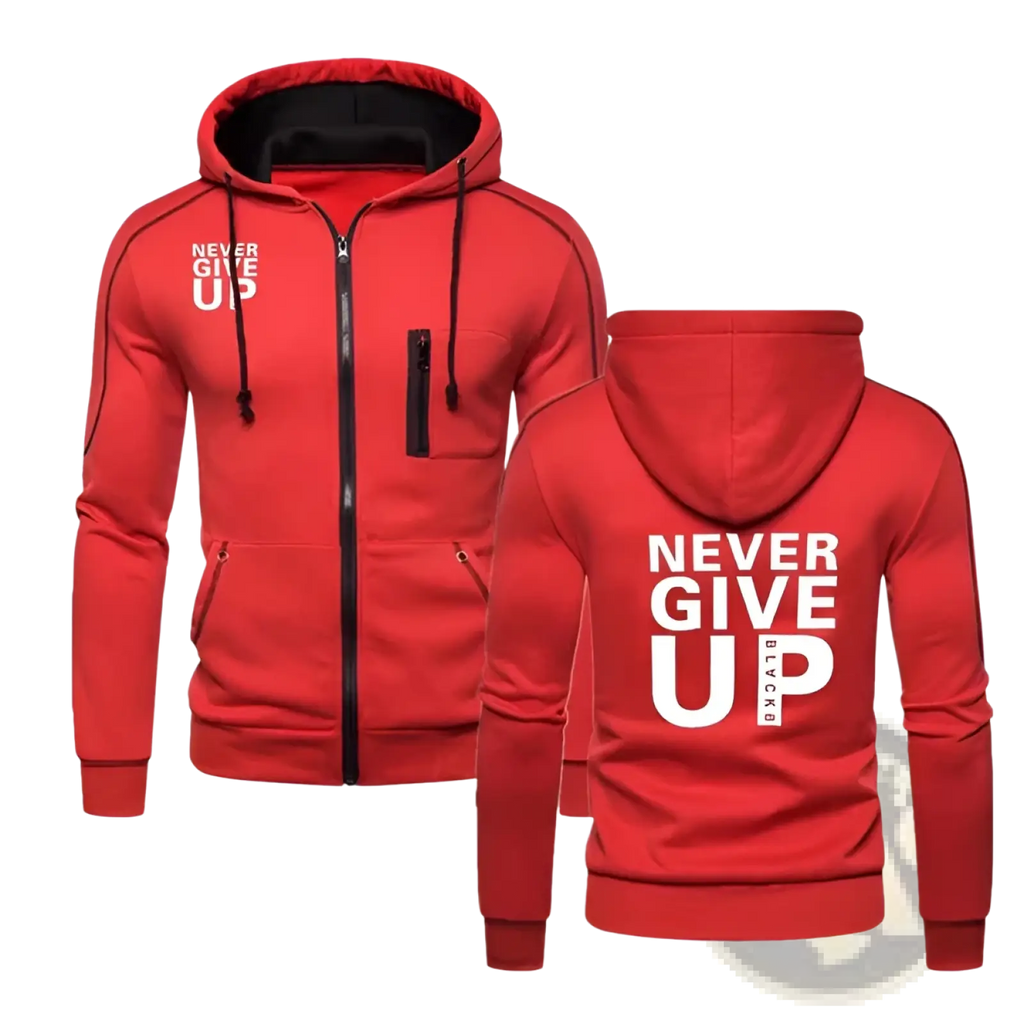 Men’s red zip-up contrast hoodie with black trim featuring never give up print on front and back made from soft fabric