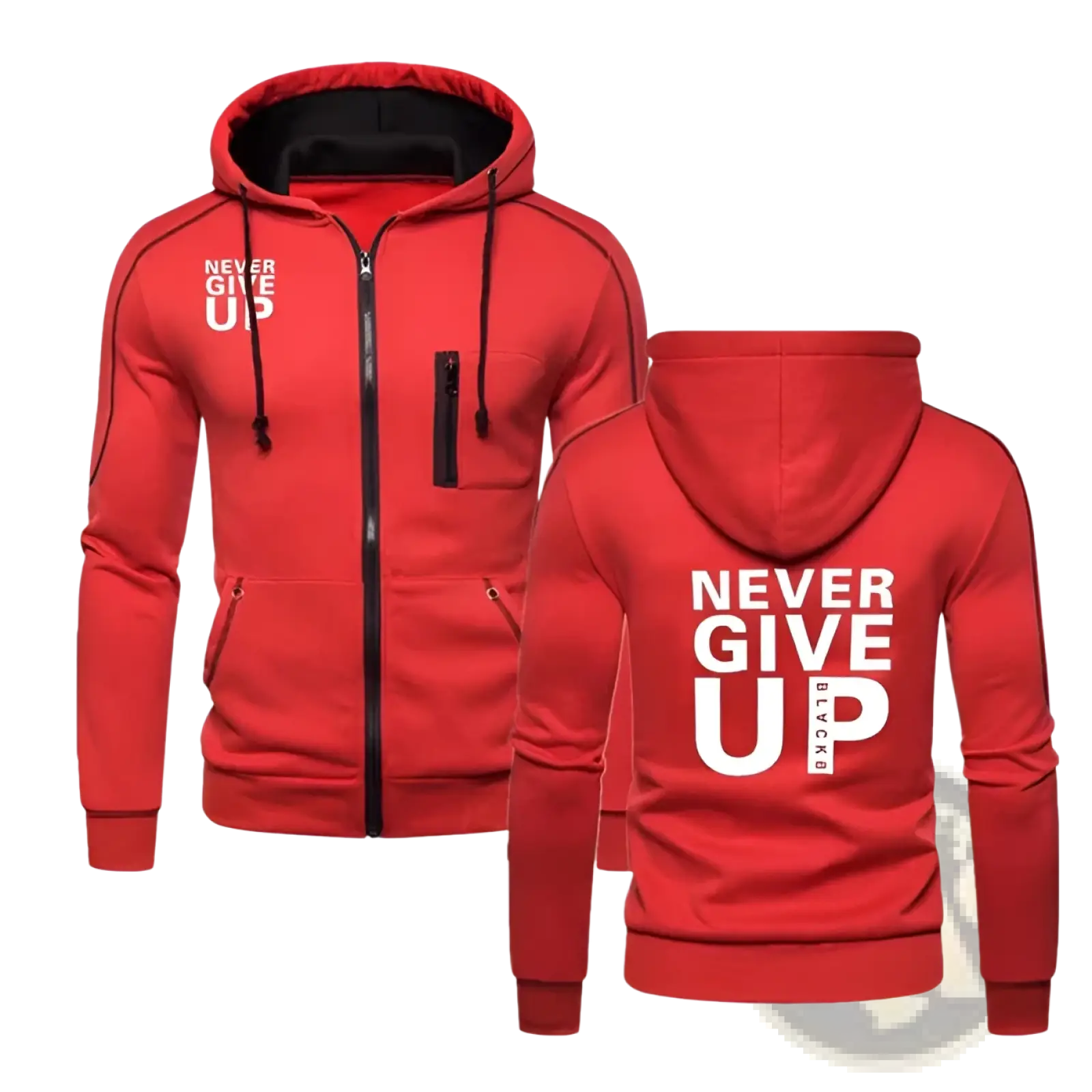 Men’s red zip-up contrast hoodie with black trim featuring never give up print on front and back made from soft fabric