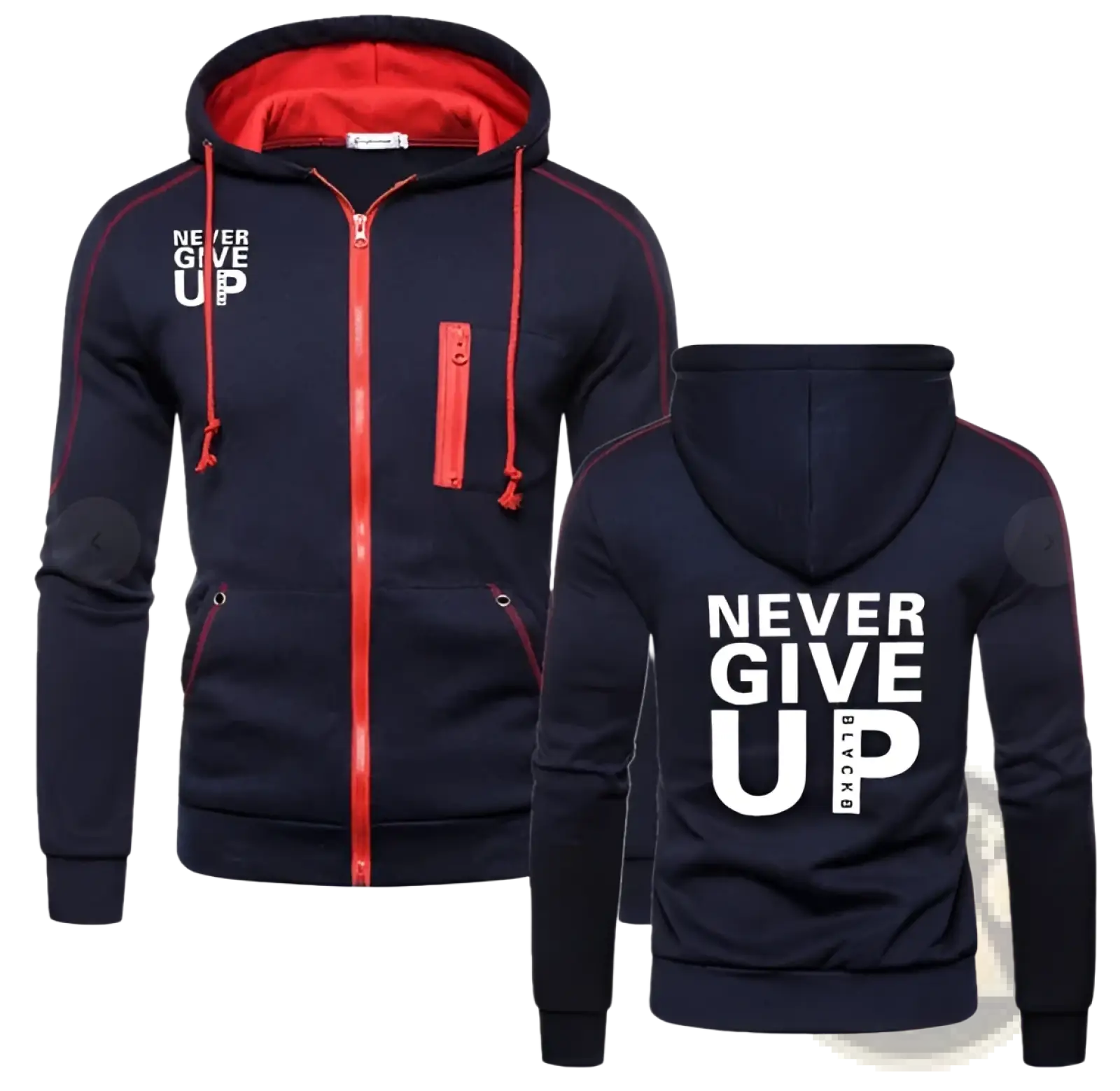 Back view of navy blue never give up contrast zip hoodie for men with red lining zipper white text and red piping accents