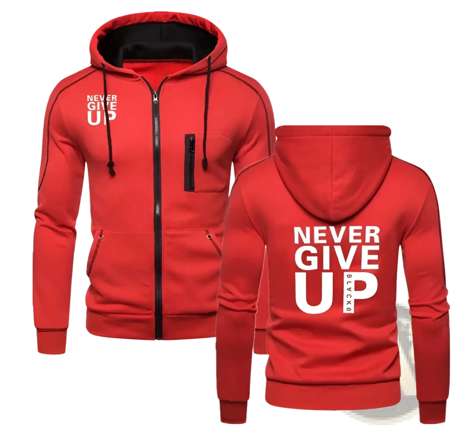 Red never give up contrast zip hoodie for men with black lining, drawstring hood, white text, and side pockets