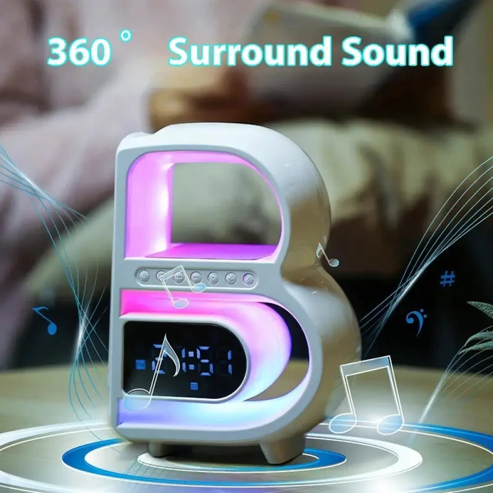 White plastic smart b-shaped rgb bluetooth speaker and wireless charger with glowing purple and blue led lights