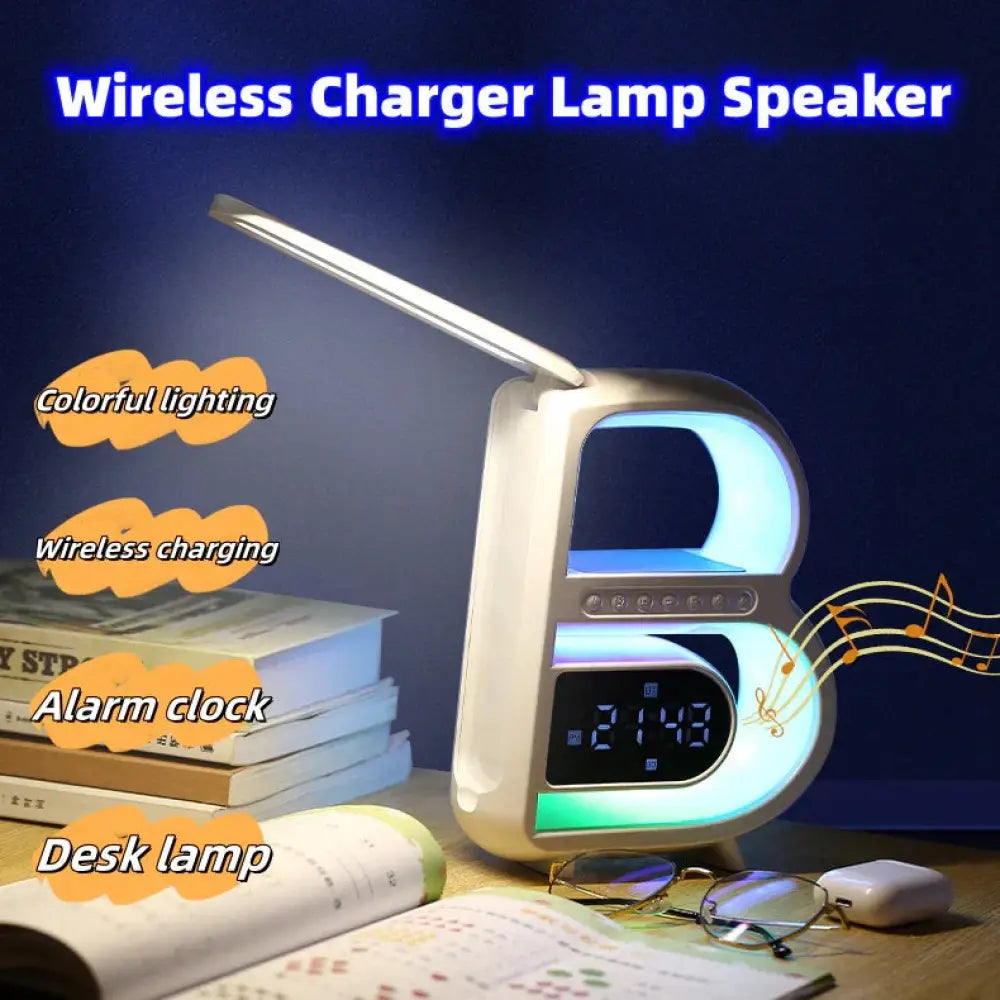 White and blue illuminated smart b-shaped RGB Bluetooth speaker with wireless charger digital clock and adjustable lamp arm