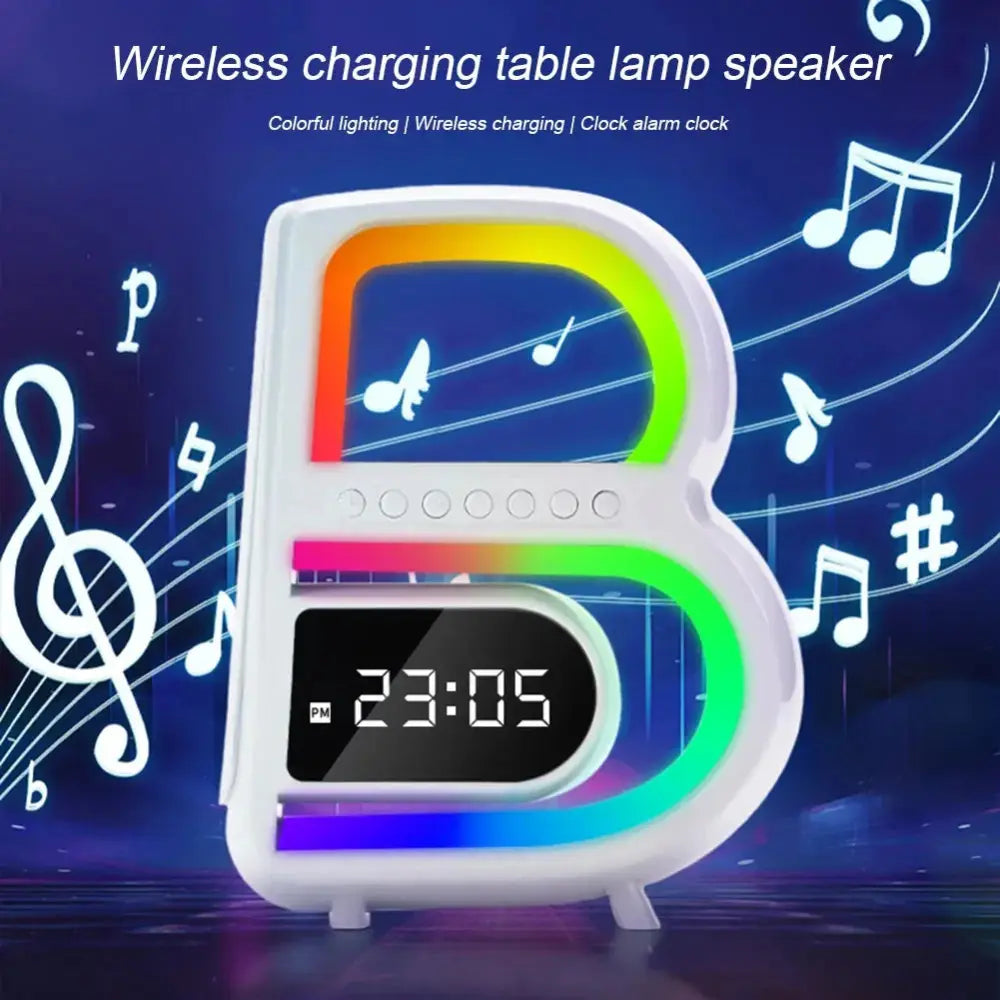 White B-shaped wireless charging table lamp speaker with rgb lighting and digital clock display for smart use