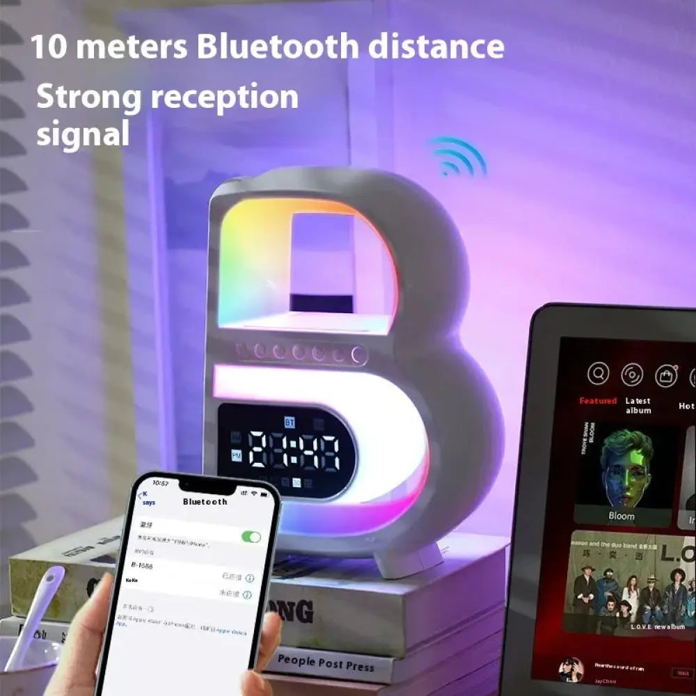 Smart b-shaped rgb bluetooth speaker with glowing rainbow led display and digital clock face for wireless charging