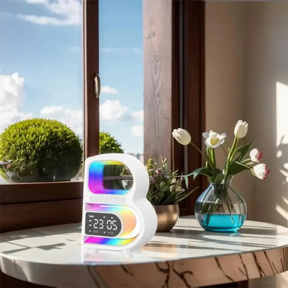 White smart b-shaped rgb bluetooth speaker and wireless charger with rainbow led digital clock and modern design