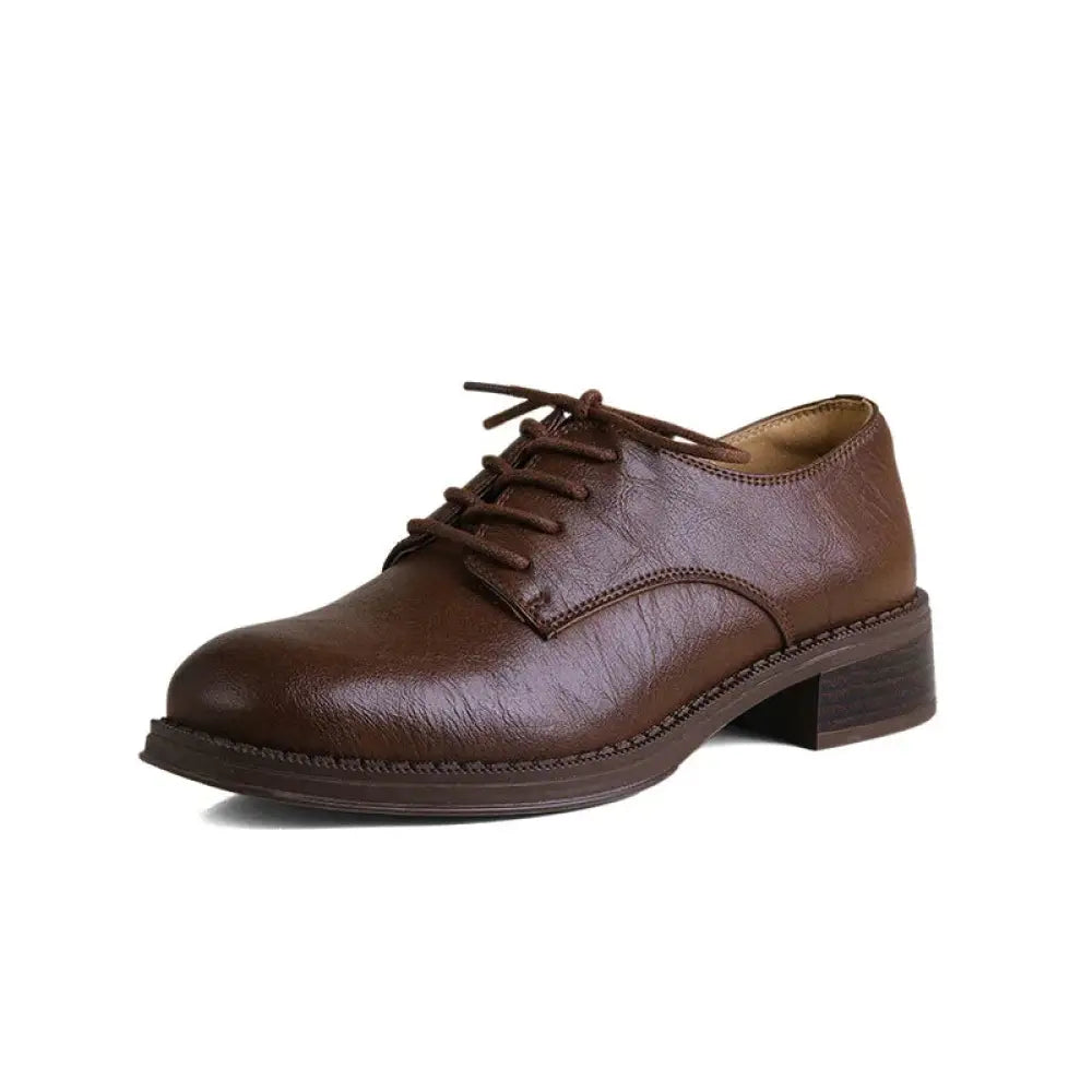 Brown leather lace-up womens british leather round toe oxford shoes with a low block heel