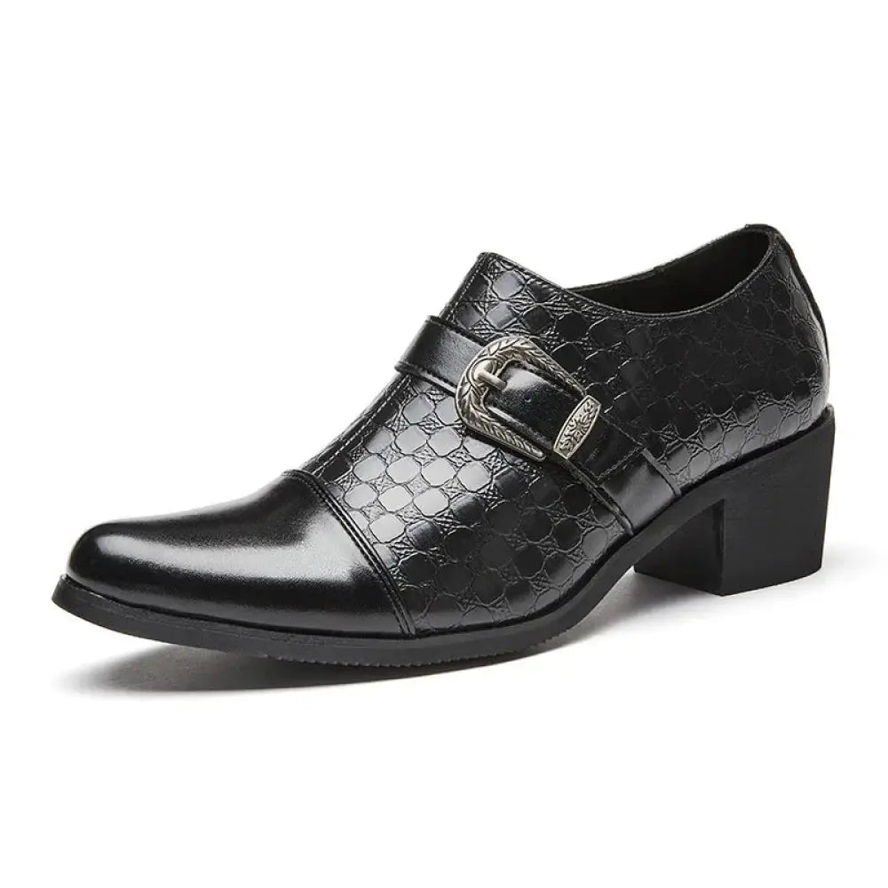 Black leather men’s dress shoe with textured crocodile pattern and silver-toned Cuban buckle fastener