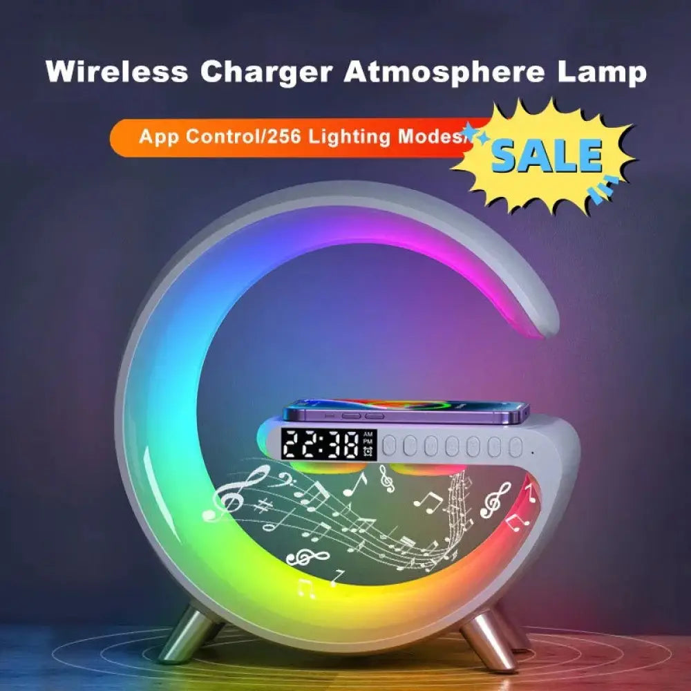 Curved modern wireless charger atmosphere lamp with sleek white and silver design and rainbow led lighting effects