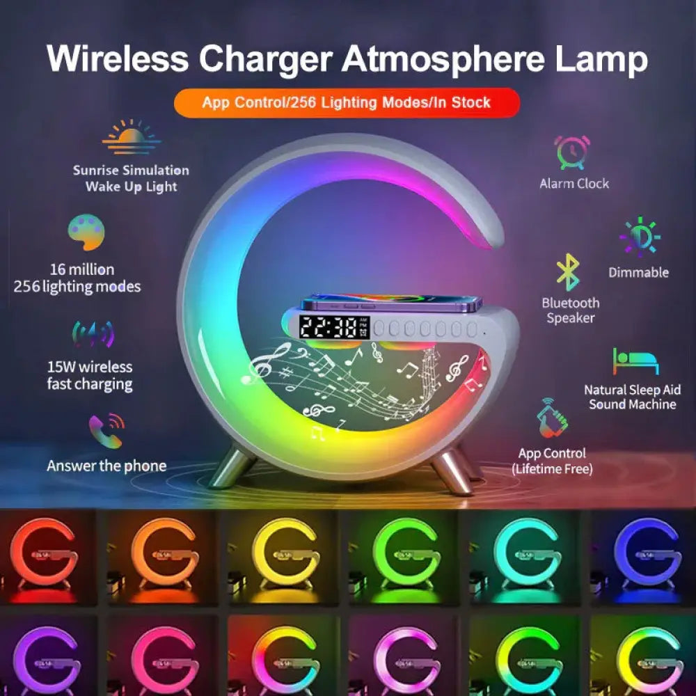 G-shape smart ambient light with Bluetooth speaker and charger featuring a c-shaped design and vibrant rainbow lighting