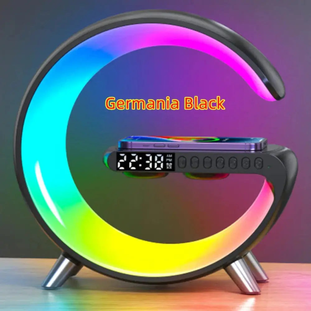 Germania black g-shape smart ambient light led clock with black frame vibrant rainbow lighting and bluetooth speaker
