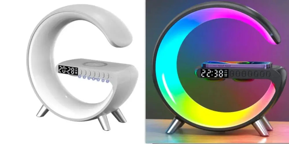 The sleek modern c-shaped g-shaped led lamp with rainbow led ring digital clock bluetooth speaker and wireless charger
