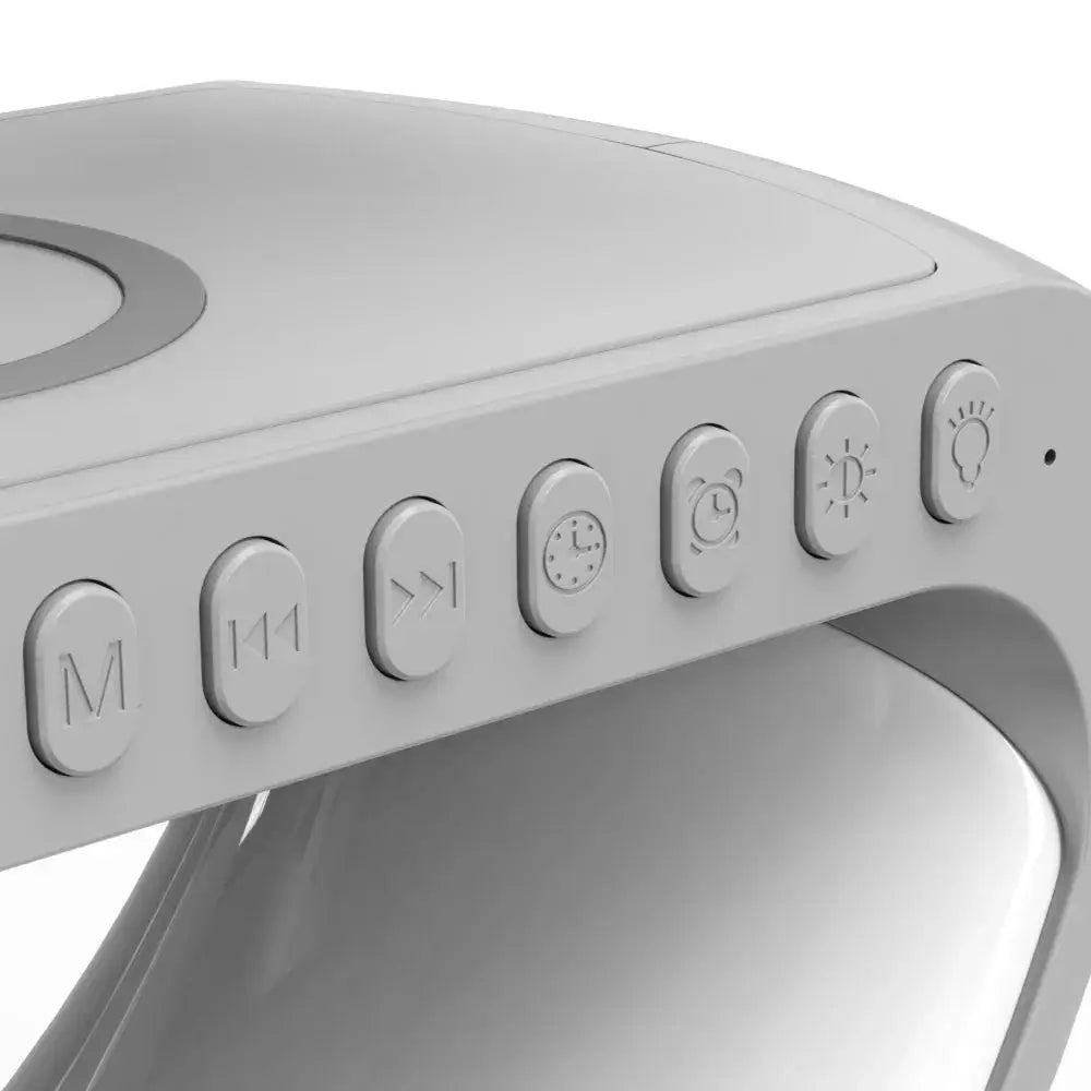 White plastic g-shape smart ambient light with bluetooth speaker and charger featuring rounded music control buttons